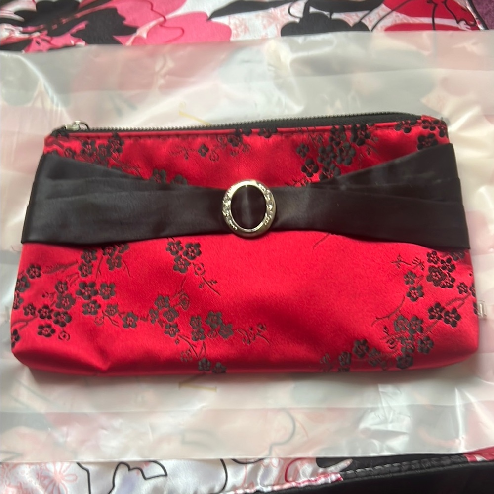 Elegant Red Floral Clutch with Black Bow